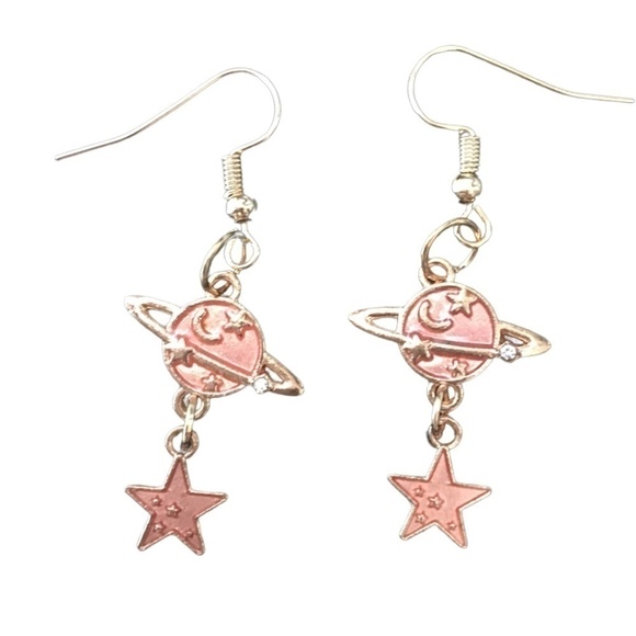 HAND Crafted Drop Earrings Celestial Planet and  Stars Rhinestones Peach - Picture 3 of 5